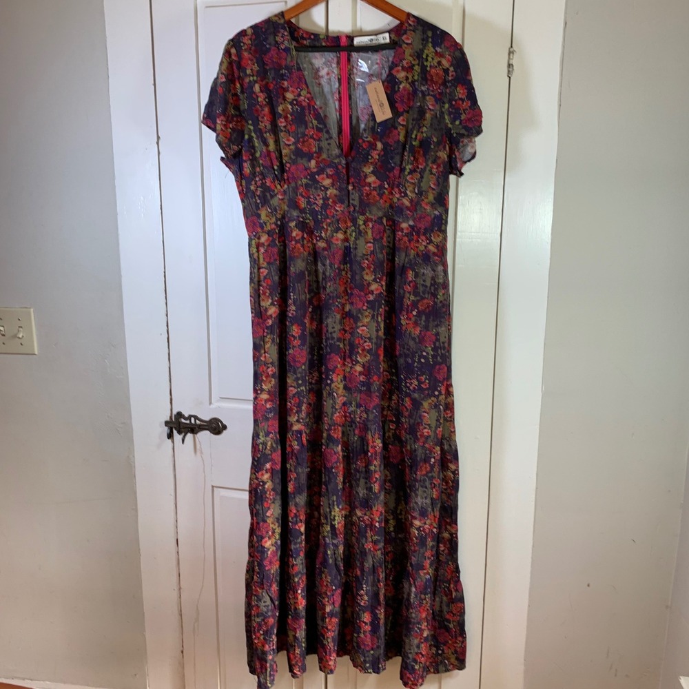 NATURAL LIFE Floral Maxi Dress in Navy with Pink & Green Accents